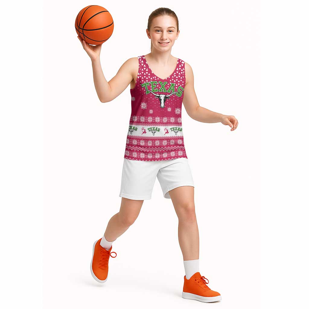 Texas Christmas Basketball Jersey with Red and White Snowflake Pattern Longhorn Skull and Christmas Cactus Motif - Wonder Print Shop