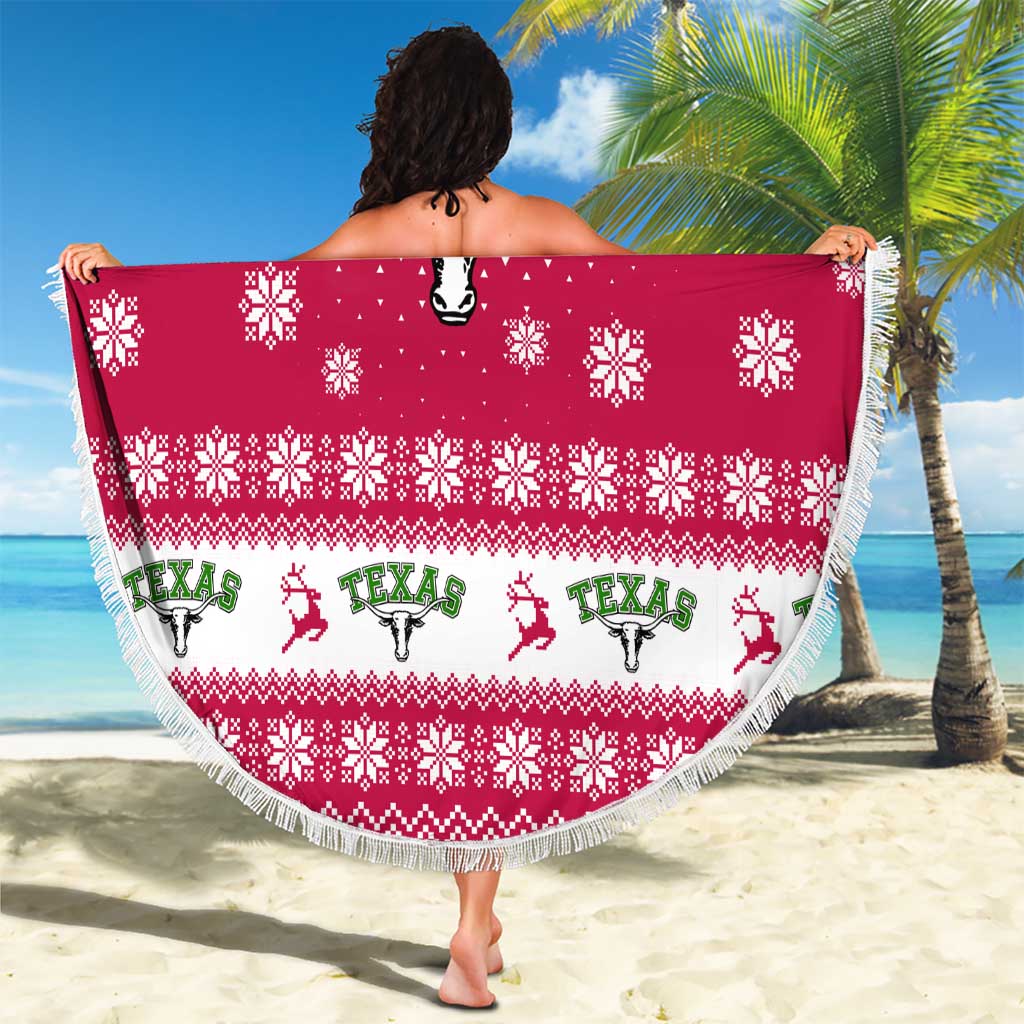 Texas Christmas Beach Blanket with Red and White Snowflake Pattern Longhorn Skull and Christmas Cactus Motif - Wonder Print Shop