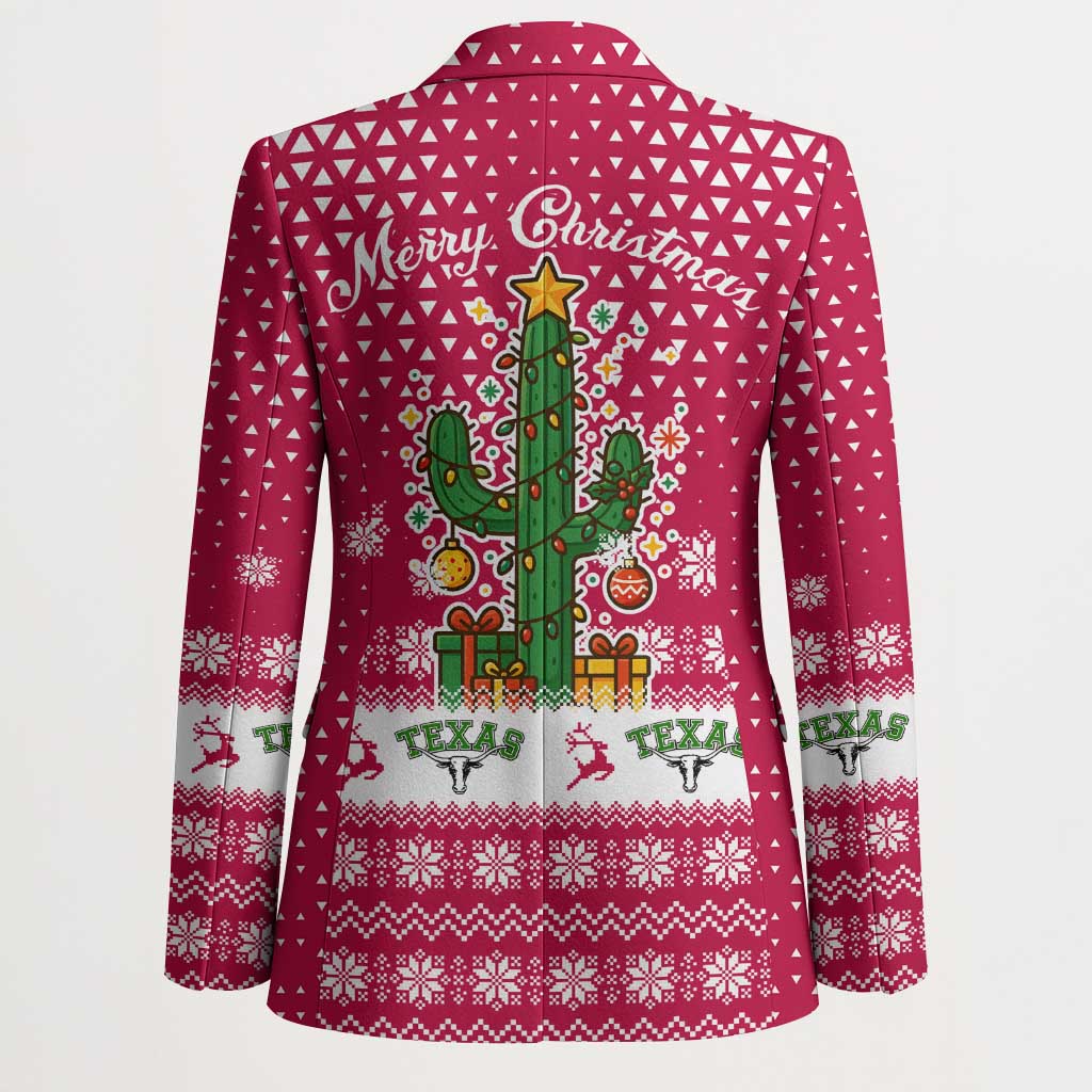Texas Christmas Blazer with Red and White Snowflake Pattern Longhorn Skull and Christmas Cactus Motif - Wonder Print Shop