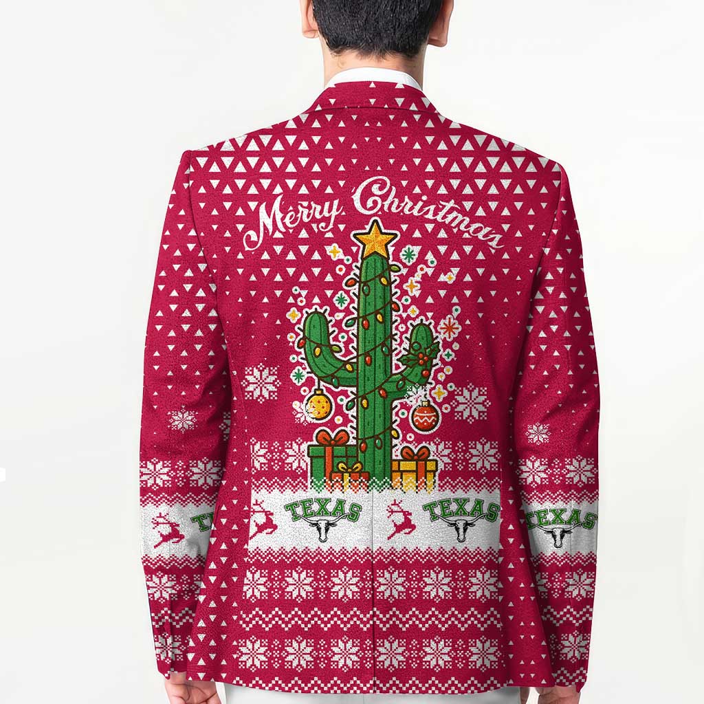 Texas Christmas Blazer with Red and White Snowflake Pattern Longhorn Skull and Christmas Cactus Motif - Wonder Print Shop