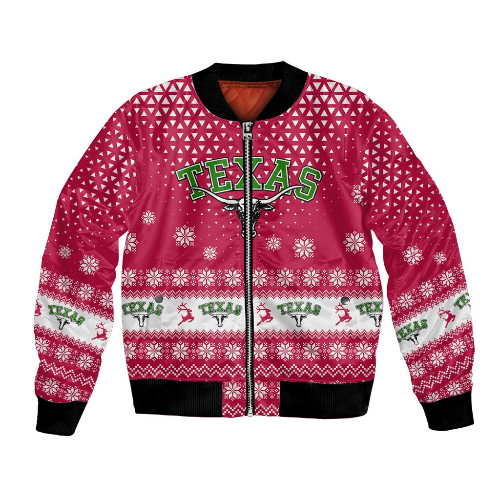 Texas Christmas Bomber Jacket with Red and White Snowflake Pattern Longhorn Skull and Christmas Cactus Motif - Wonder Print Shop