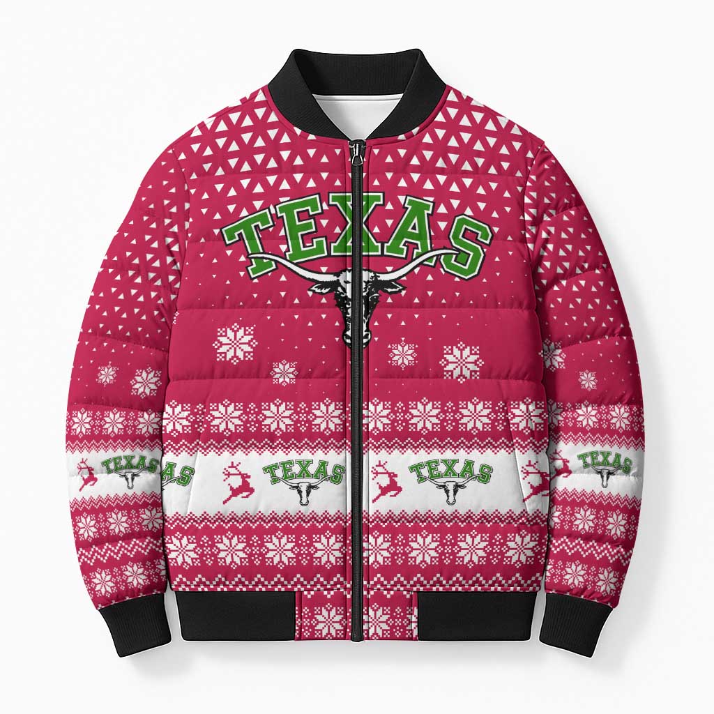Texas Christmas Bomber Puffer Jacket with Red and White Snowflake Pattern Longhorn Skull and Christmas Cactus Motif - Wonder Print Shop