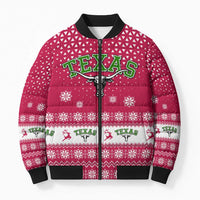 Texas Christmas Bomber Puffer Jacket with Red and White Snowflake Pattern Longhorn Skull and Christmas Cactus Motif - Wonder Print Shop