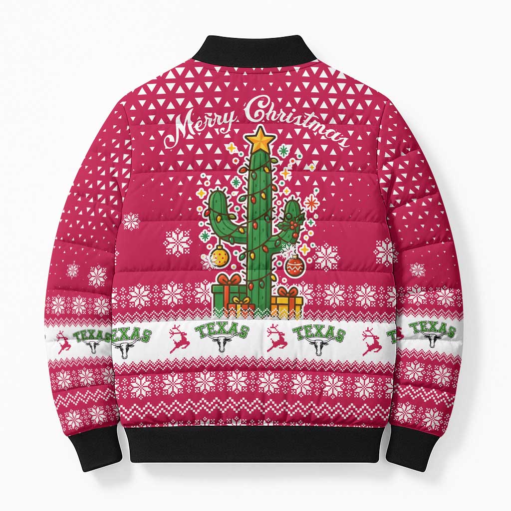 Texas Christmas Bomber Puffer Jacket with Red and White Snowflake Pattern Longhorn Skull and Christmas Cactus Motif - Wonder Print Shop