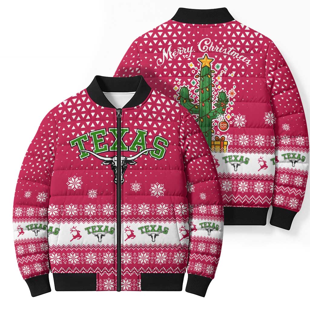 Texas Christmas Bomber Puffer Jacket with Red and White Snowflake Pattern Longhorn Skull and Christmas Cactus Motif - Wonder Print Shop