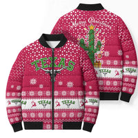 Texas Christmas Bomber Puffer Jacket with Red and White Snowflake Pattern Longhorn Skull and Christmas Cactus Motif - Wonder Print Shop