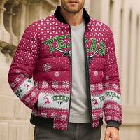 Texas Christmas Bomber Puffer Jacket with Red and White Snowflake Pattern Longhorn Skull and Christmas Cactus Motif - Wonder Print Shop