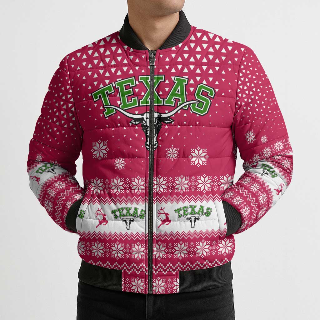Texas Christmas Bomber Puffer Jacket with Red and White Snowflake Pattern Longhorn Skull and Christmas Cactus Motif - Wonder Print Shop