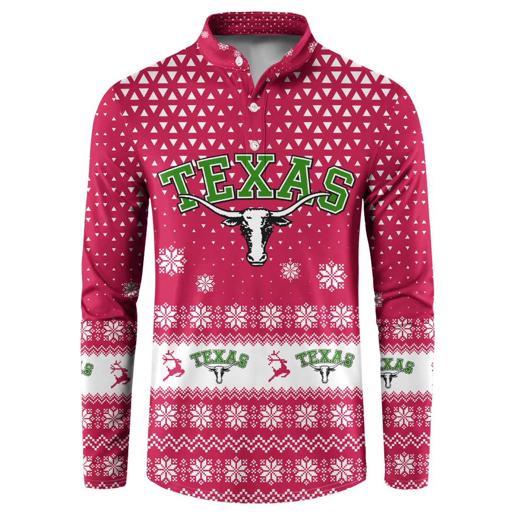 Texas Christmas Button Sweatshirt with Red and White Snowflake Pattern Longhorn Skull and Christmas Cactus Motif - Wonder Print Shop