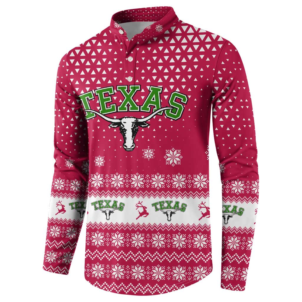 Texas Christmas Button Sweatshirt with Red and White Snowflake Pattern Longhorn Skull and Christmas Cactus Motif - Wonder Print Shop