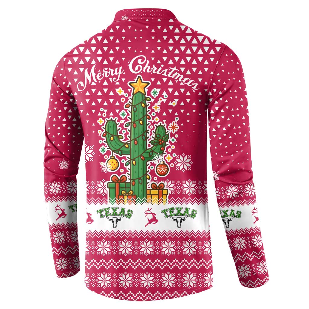Texas Christmas Button Sweatshirt with Red and White Snowflake Pattern Longhorn Skull and Christmas Cactus Motif - Wonder Print Shop