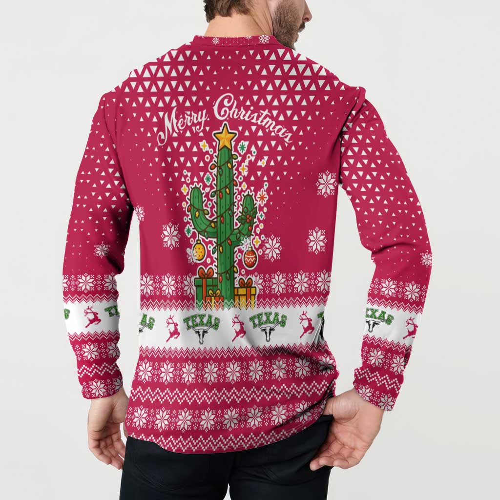 Texas Christmas Button Sweatshirt with Red and White Snowflake Pattern Longhorn Skull and Christmas Cactus Motif - Wonder Print Shop