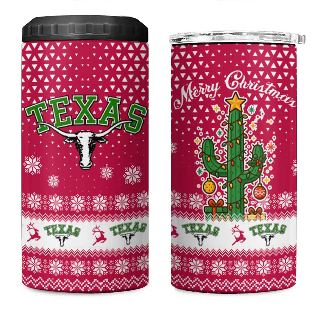 Texas Christmas 4 in 1 Can Cooler Tumbler with Red and White Snowflake Pattern Longhorn Skull and Christmas Cactus Motif - Wonder Print Shop