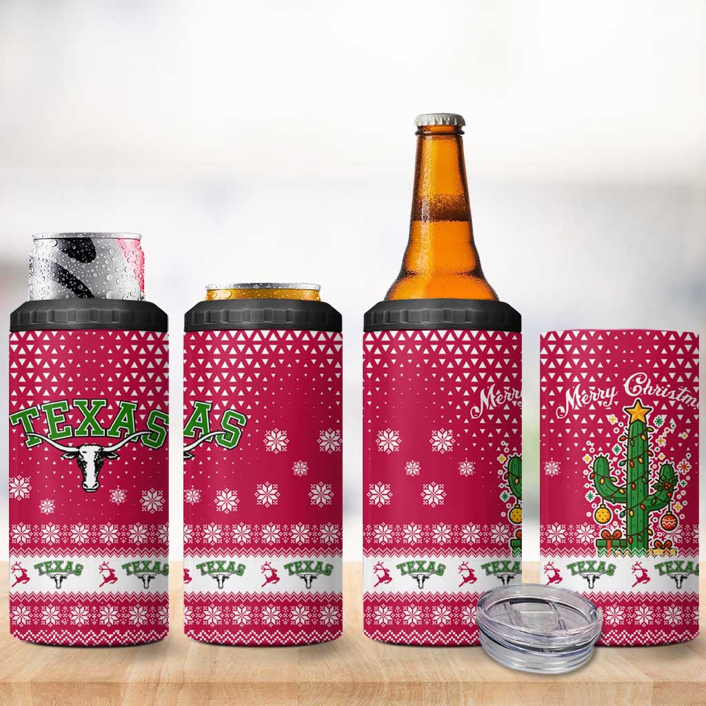 Texas Christmas 4 in 1 Can Cooler Tumbler with Red and White Snowflake Pattern Longhorn Skull and Christmas Cactus Motif - Wonder Print Shop