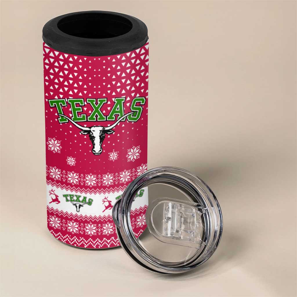 Texas Christmas 4 in 1 Can Cooler Tumbler with Red and White Snowflake Pattern Longhorn Skull and Christmas Cactus Motif - Wonder Print Shop