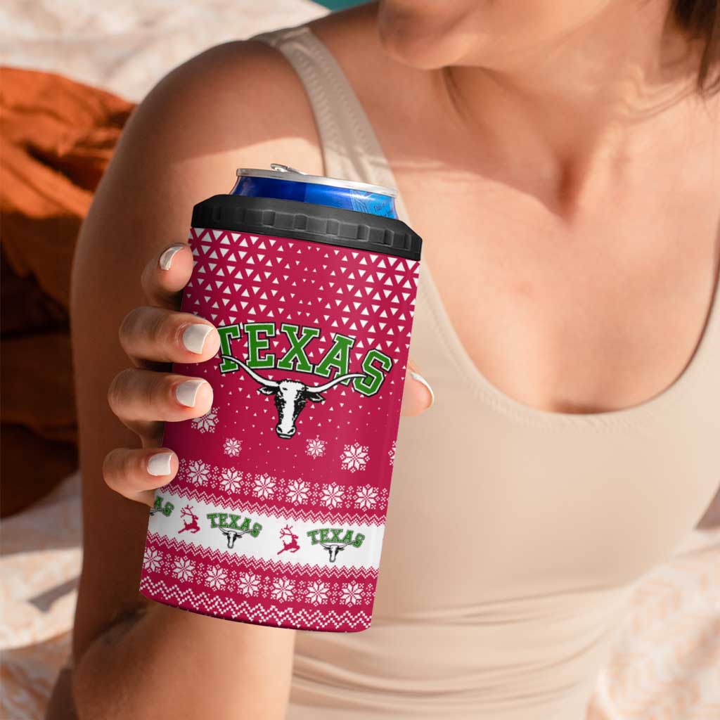 Texas Christmas 4 in 1 Can Cooler Tumbler with Red and White Snowflake Pattern Longhorn Skull and Christmas Cactus Motif - Wonder Print Shop