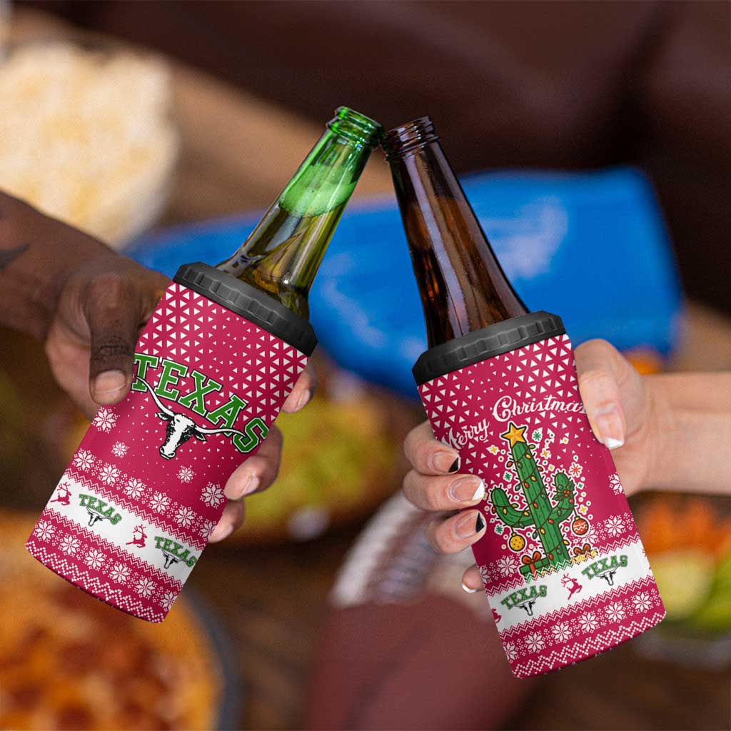 Texas Christmas 4 in 1 Can Cooler Tumbler with Red and White Snowflake Pattern Longhorn Skull and Christmas Cactus Motif - Wonder Print Shop