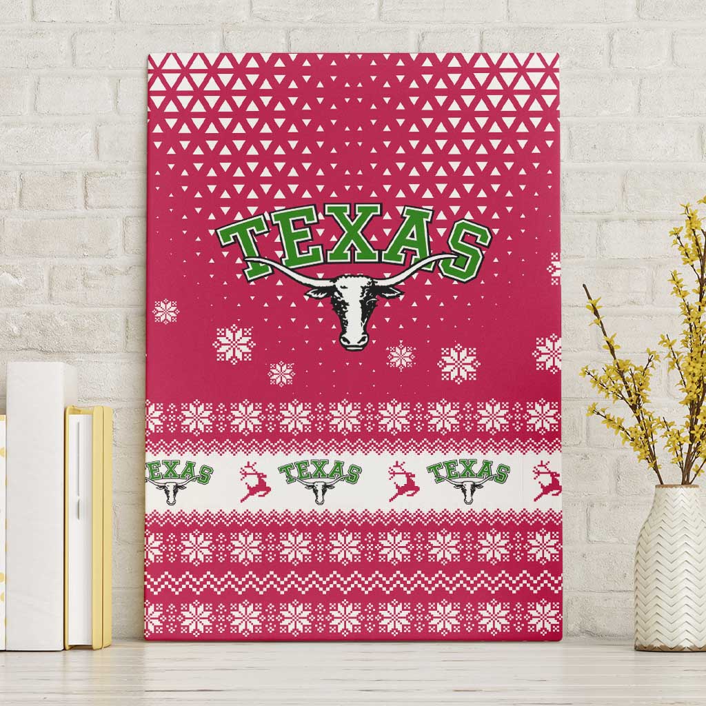Texas Christmas Canvas Wall Art with Red and White Snowflake Pattern Longhorn Skull and Christmas Cactus Motif - Wonder Print Shop