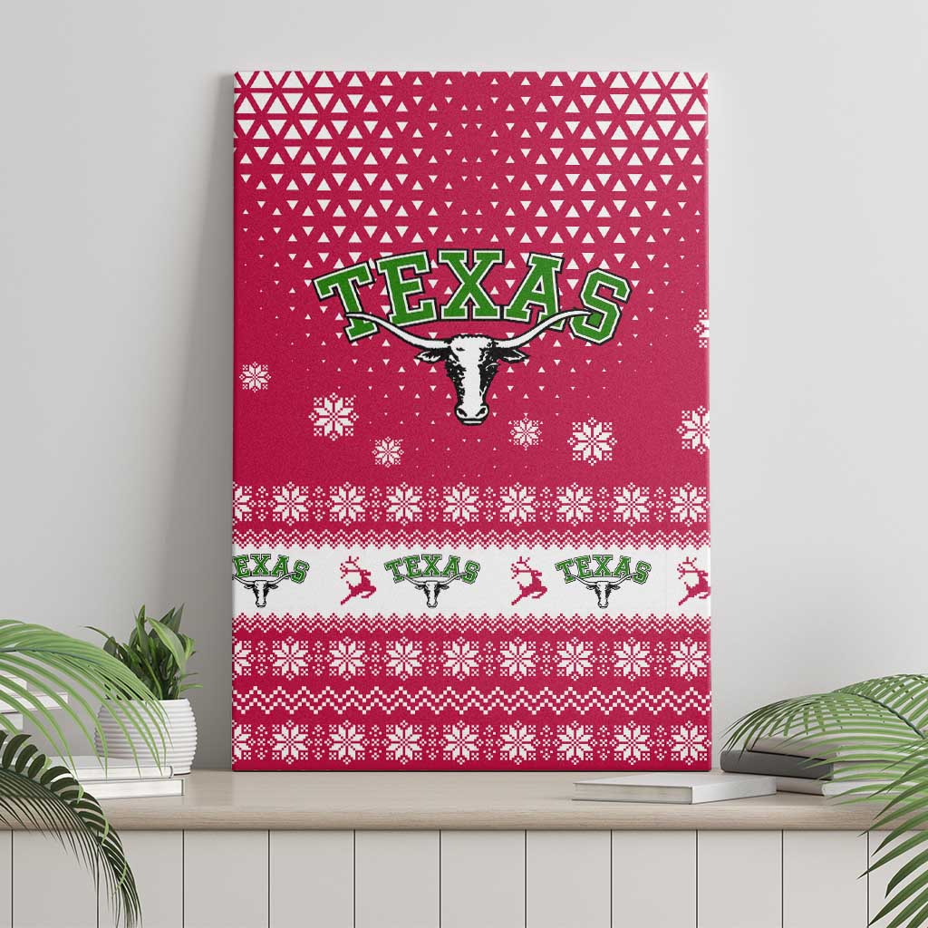 Texas Christmas Canvas Wall Art with Red and White Snowflake Pattern Longhorn Skull and Christmas Cactus Motif - Wonder Print Shop