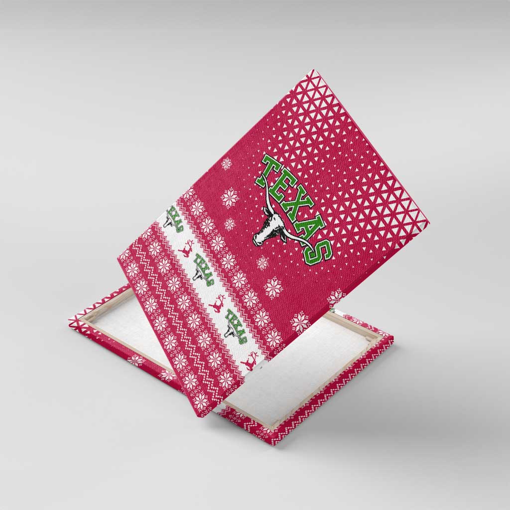 Texas Christmas Canvas Wall Art with Red and White Snowflake Pattern Longhorn Skull and Christmas Cactus Motif - Wonder Print Shop