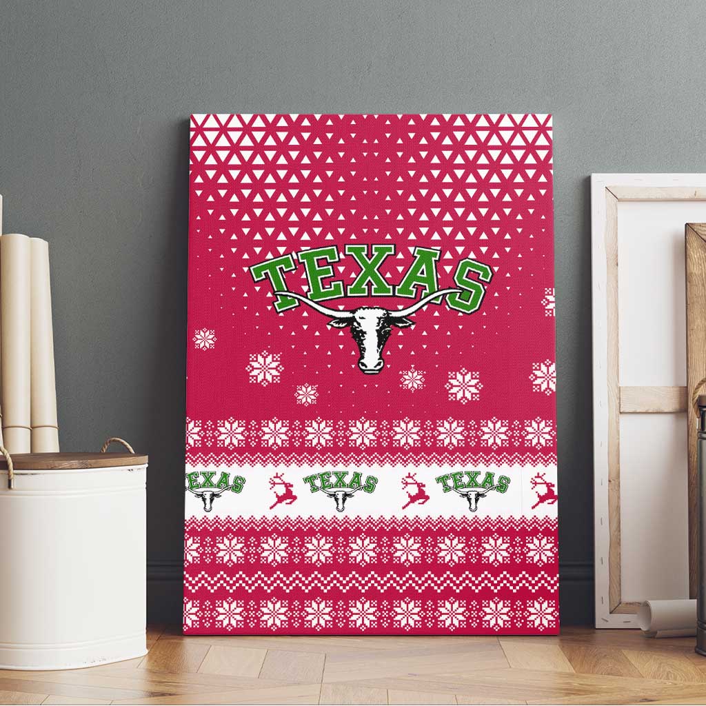 Texas Christmas Canvas Wall Art with Red and White Snowflake Pattern Longhorn Skull and Christmas Cactus Motif - Wonder Print Shop