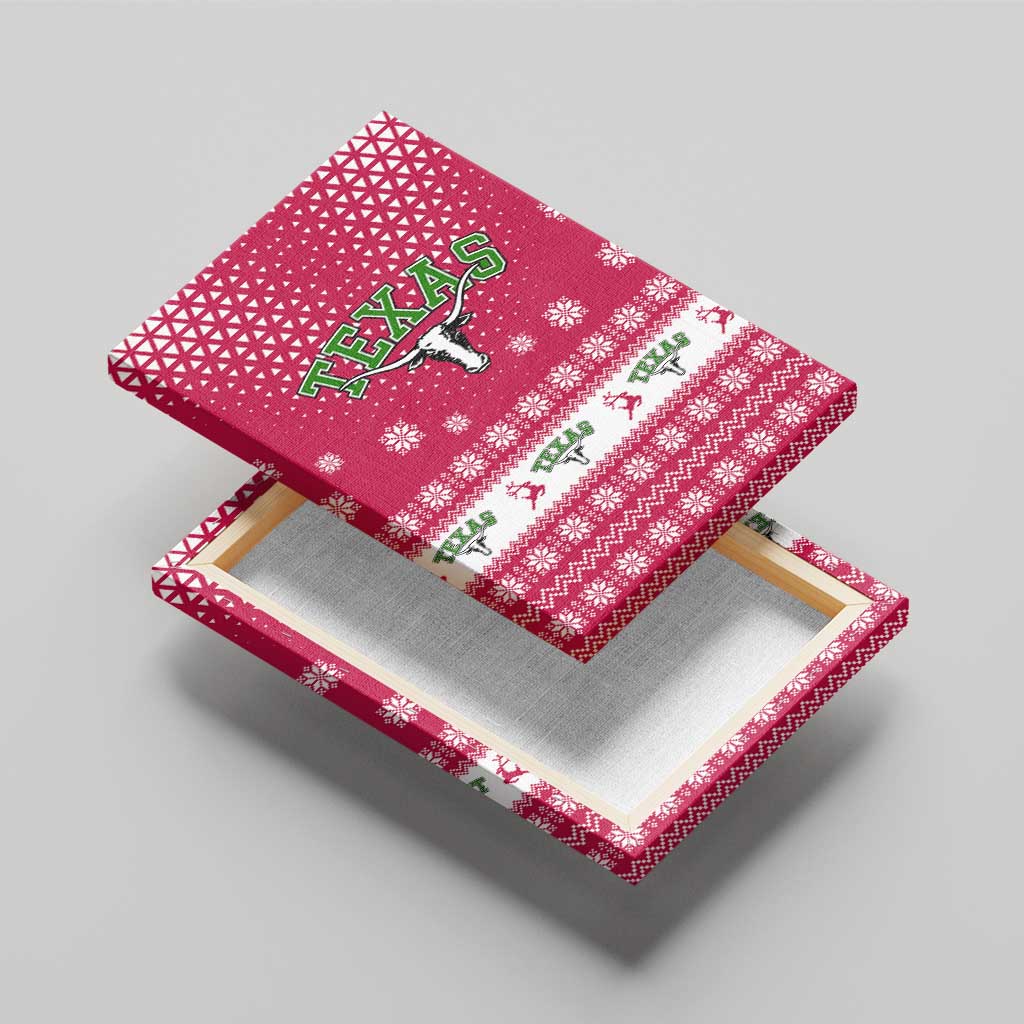 Texas Christmas Canvas Wall Art with Red and White Snowflake Pattern Longhorn Skull and Christmas Cactus Motif - Wonder Print Shop