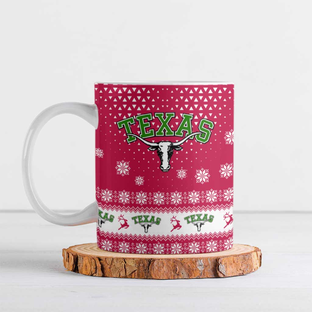 Texas Christmas Ceramic Mug with Red and White Snowflake Pattern Longhorn Skull and Christmas Cactus Motif - Wonder Print Shop