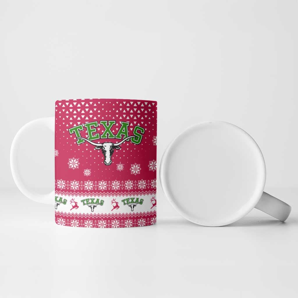 Texas Christmas Ceramic Mug with Red and White Snowflake Pattern Longhorn Skull and Christmas Cactus Motif - Wonder Print Shop