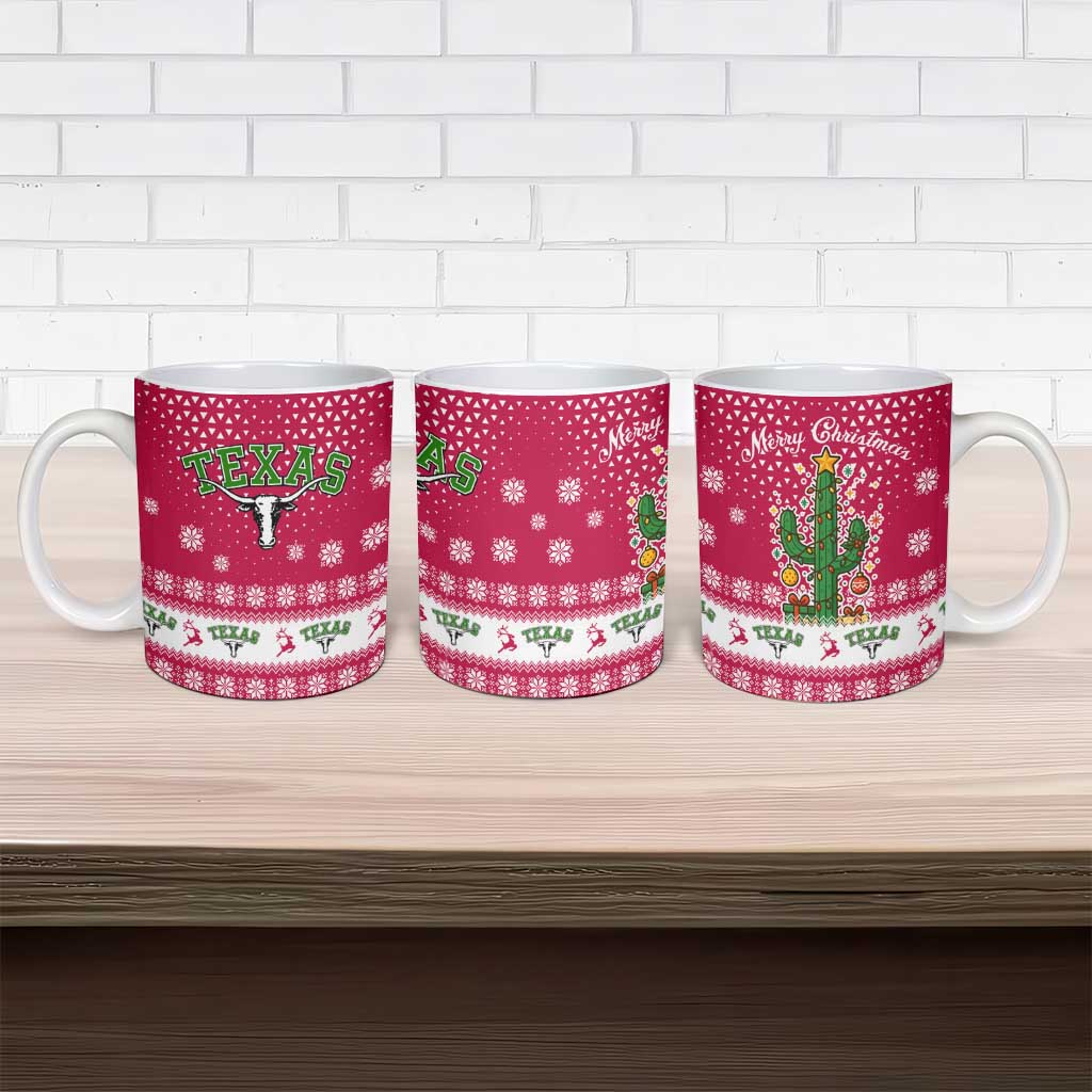 Texas Christmas Ceramic Mug with Red and White Snowflake Pattern Longhorn Skull and Christmas Cactus Motif - Wonder Print Shop