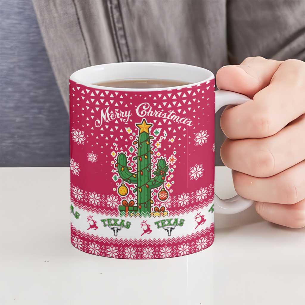 Texas Christmas Ceramic Mug with Red and White Snowflake Pattern Longhorn Skull and Christmas Cactus Motif - Wonder Print Shop
