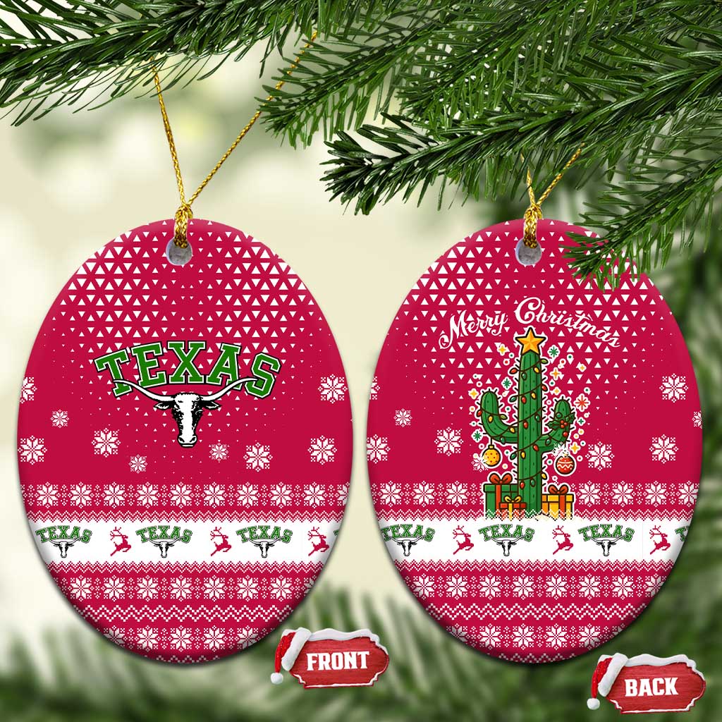 Texas Christmas Ceramic Ornament with Red and White Snowflake Pattern Longhorn Skull and Christmas Cactus Motif - Wonder Print Shop