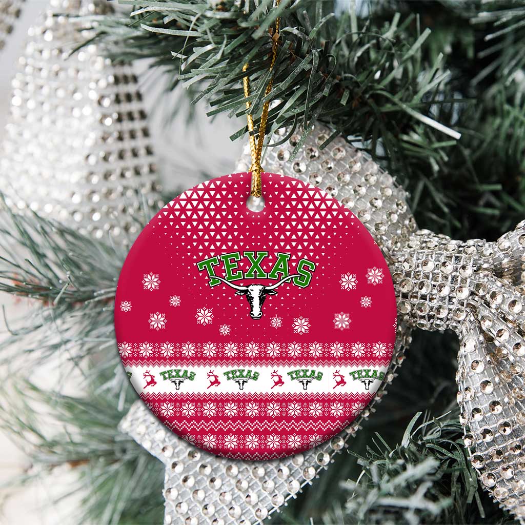 Texas Christmas Ceramic Ornament with Red and White Snowflake Pattern Longhorn Skull and Christmas Cactus Motif - Wonder Print Shop