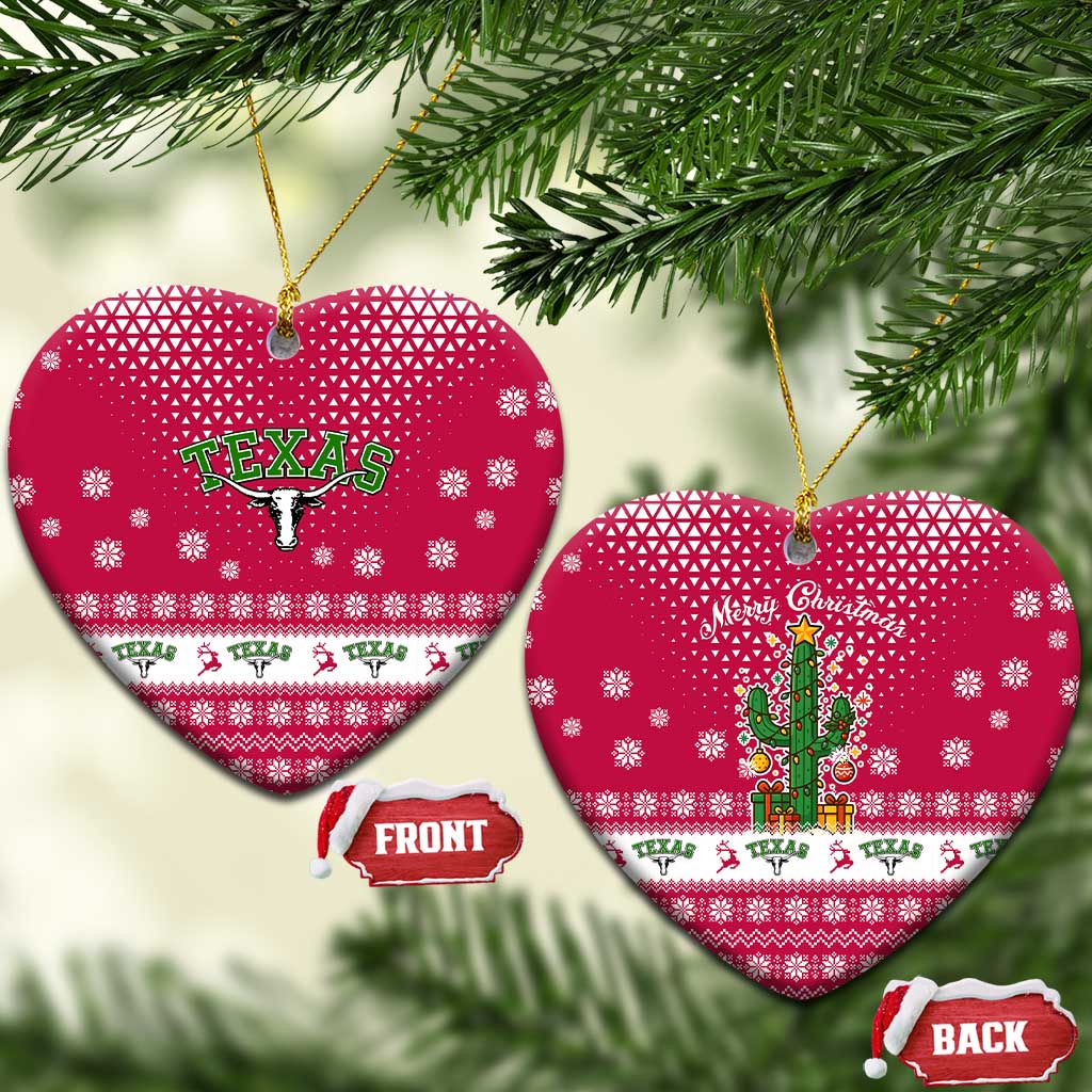 Texas Christmas Ceramic Ornament with Red and White Snowflake Pattern Longhorn Skull and Christmas Cactus Motif - Wonder Print Shop