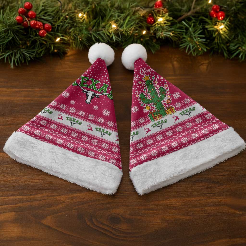 Texas Christmas Santa Hat with Red and White Snowflake Pattern Longhorn Skull and Christmas Cactus Motif - Wonder Print Shop