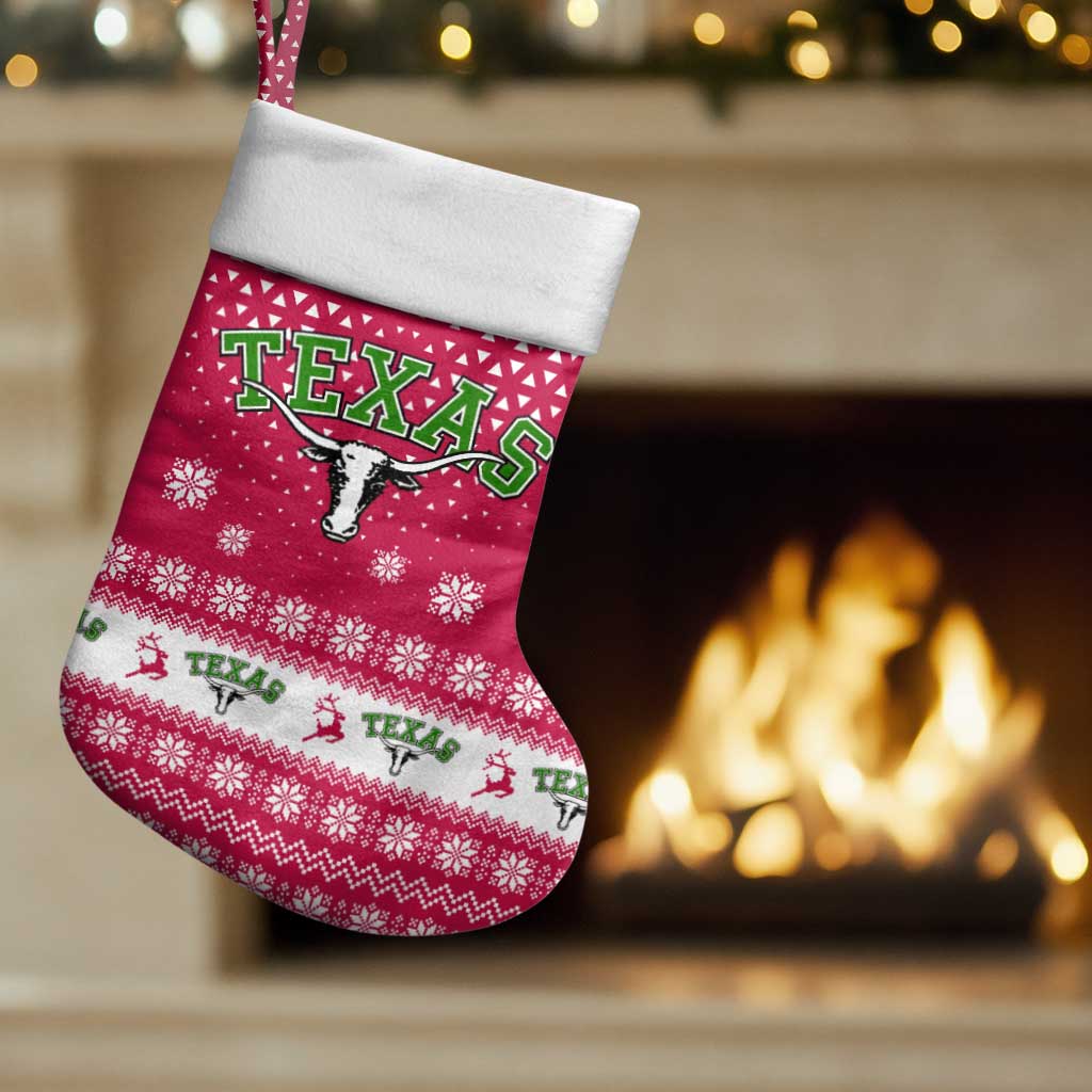 Texas Christmas Stocking with Red and White Snowflake Pattern Longhorn Skull and Christmas Cactus Motif - Wonder Print Shop