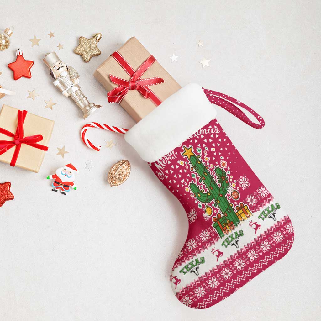Texas Christmas Stocking with Red and White Snowflake Pattern Longhorn Skull and Christmas Cactus Motif - Wonder Print Shop