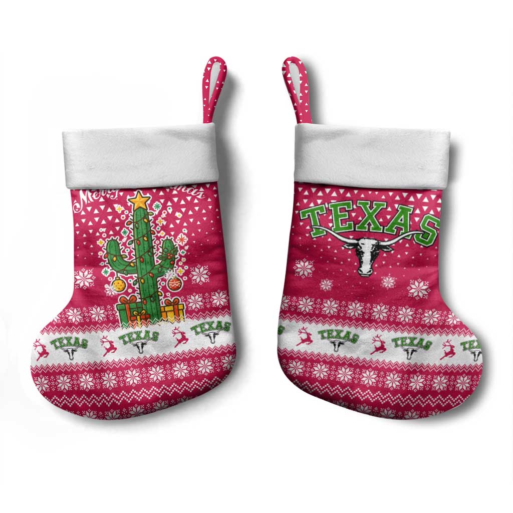 Texas Christmas Stocking with Red and White Snowflake Pattern Longhorn Skull and Christmas Cactus Motif - Wonder Print Shop