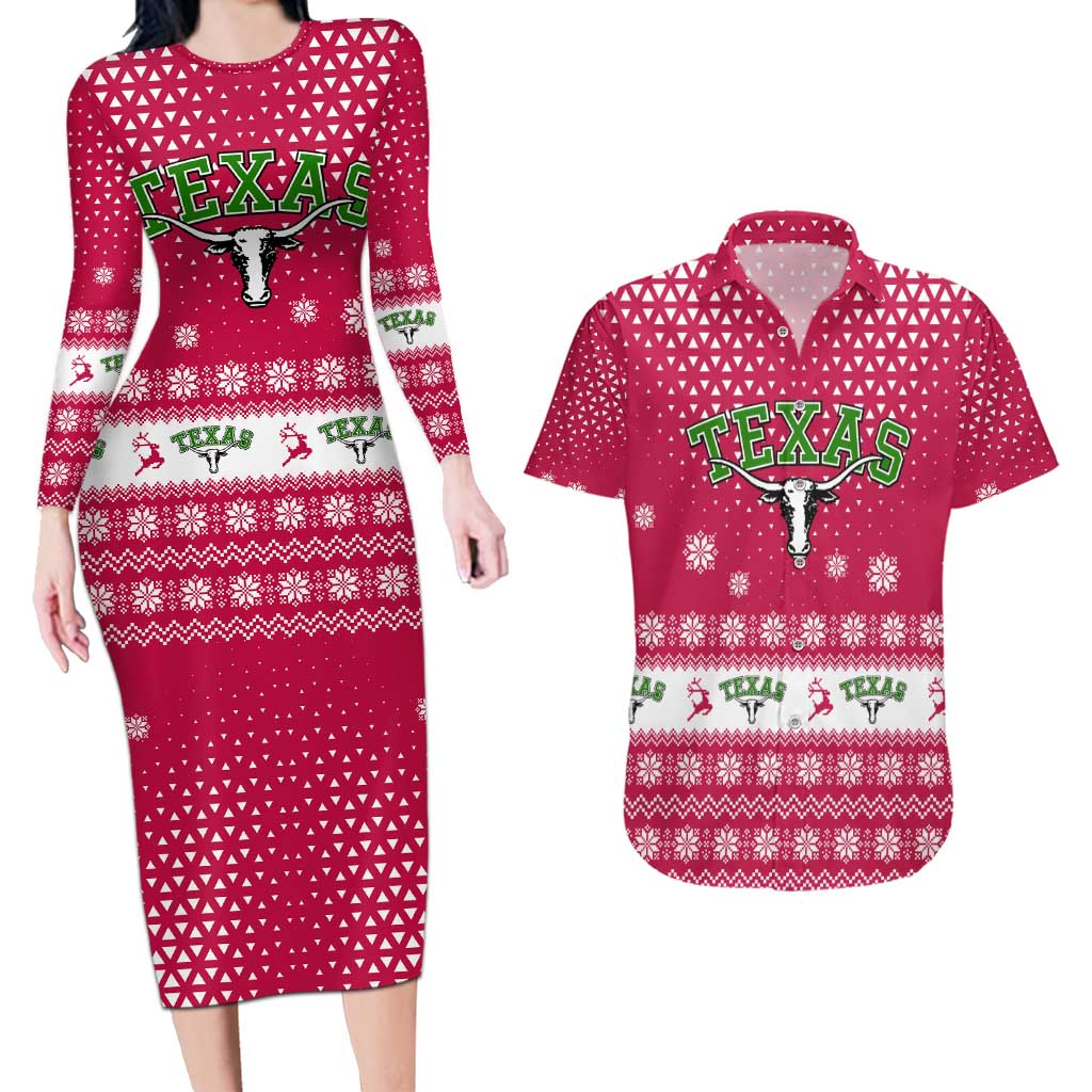 Texas Christmas Couples Matching Long Sleeve Bodycon Dress and Hawaiian Shirt with Red and White Snowflake Pattern Longhorn Skull and Christmas Cactus Motif - Wonder Print Shop