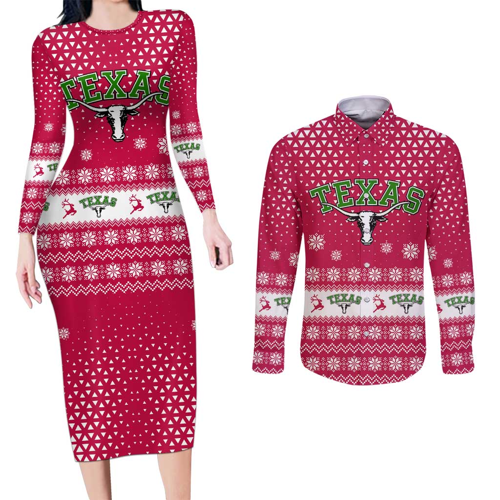 Texas Christmas Couples Matching Long Sleeve Bodycon Dress and Long Sleeve Button Shirt with Red and White Snowflake Pattern Longhorn Skull and Christmas Cactus Motif - Wonder Print Shop