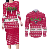 Texas Christmas Couples Matching Long Sleeve Bodycon Dress and Long Sleeve Button Shirt with Red and White Snowflake Pattern Longhorn Skull and Christmas Cactus Motif - Wonder Print Shop