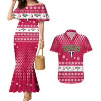 Texas Christmas Couples Matching Mermaid Dress and Hawaiian Shirt with Red and White Snowflake Pattern Longhorn Skull and Christmas Cactus Motif - Wonder Print Shop