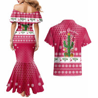 Texas Christmas Couples Matching Mermaid Dress and Hawaiian Shirt with Red and White Snowflake Pattern Longhorn Skull and Christmas Cactus Motif - Wonder Print Shop