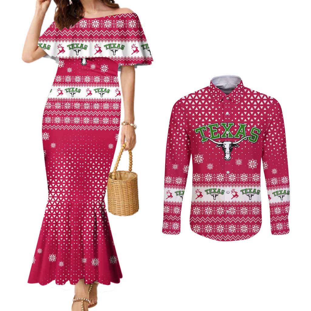 Texas Christmas Couples Matching Mermaid Dress and Long Sleeve Button Shirt with Red and White Snowflake Pattern Longhorn Skull and Christmas Cactus Motif - Wonder Print Shop