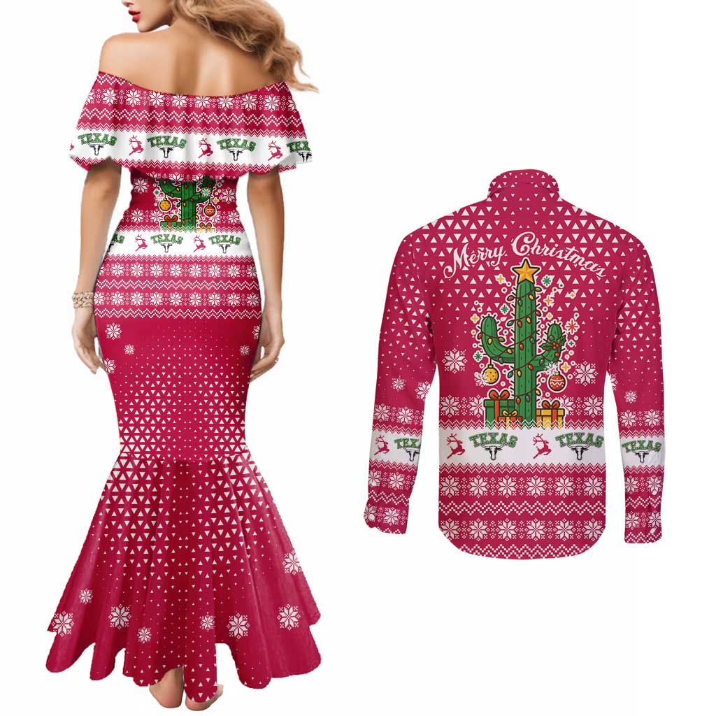 Texas Christmas Couples Matching Mermaid Dress and Long Sleeve Button Shirt with Red and White Snowflake Pattern Longhorn Skull and Christmas Cactus Motif - Wonder Print Shop