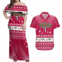 Texas Christmas Couples Matching Off Shoulder Maxi Dress and Hawaiian Shirt with Red and White Snowflake Pattern Longhorn Skull and Christmas Cactus Motif - Wonder Print Shop