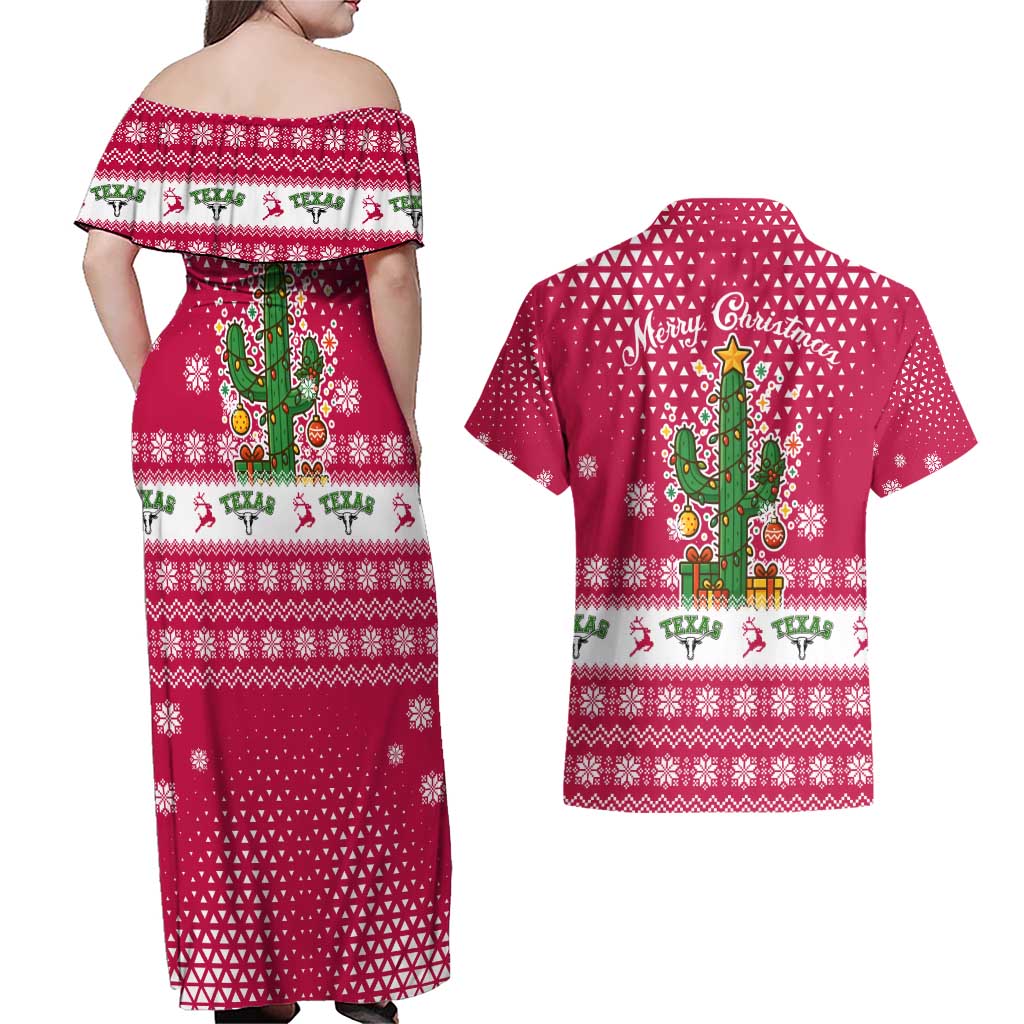 Texas Christmas Couples Matching Off Shoulder Maxi Dress and Hawaiian Shirt with Red and White Snowflake Pattern Longhorn Skull and Christmas Cactus Motif - Wonder Print Shop