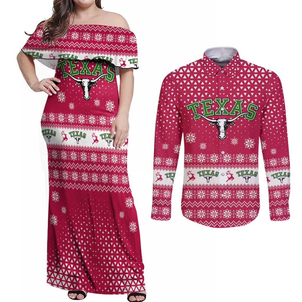 Texas Christmas Couples Matching Off Shoulder Maxi Dress and Long Sleeve Button Shirt with Red and White Snowflake Pattern Longhorn Skull and Christmas Cactus Motif - Wonder Print Shop