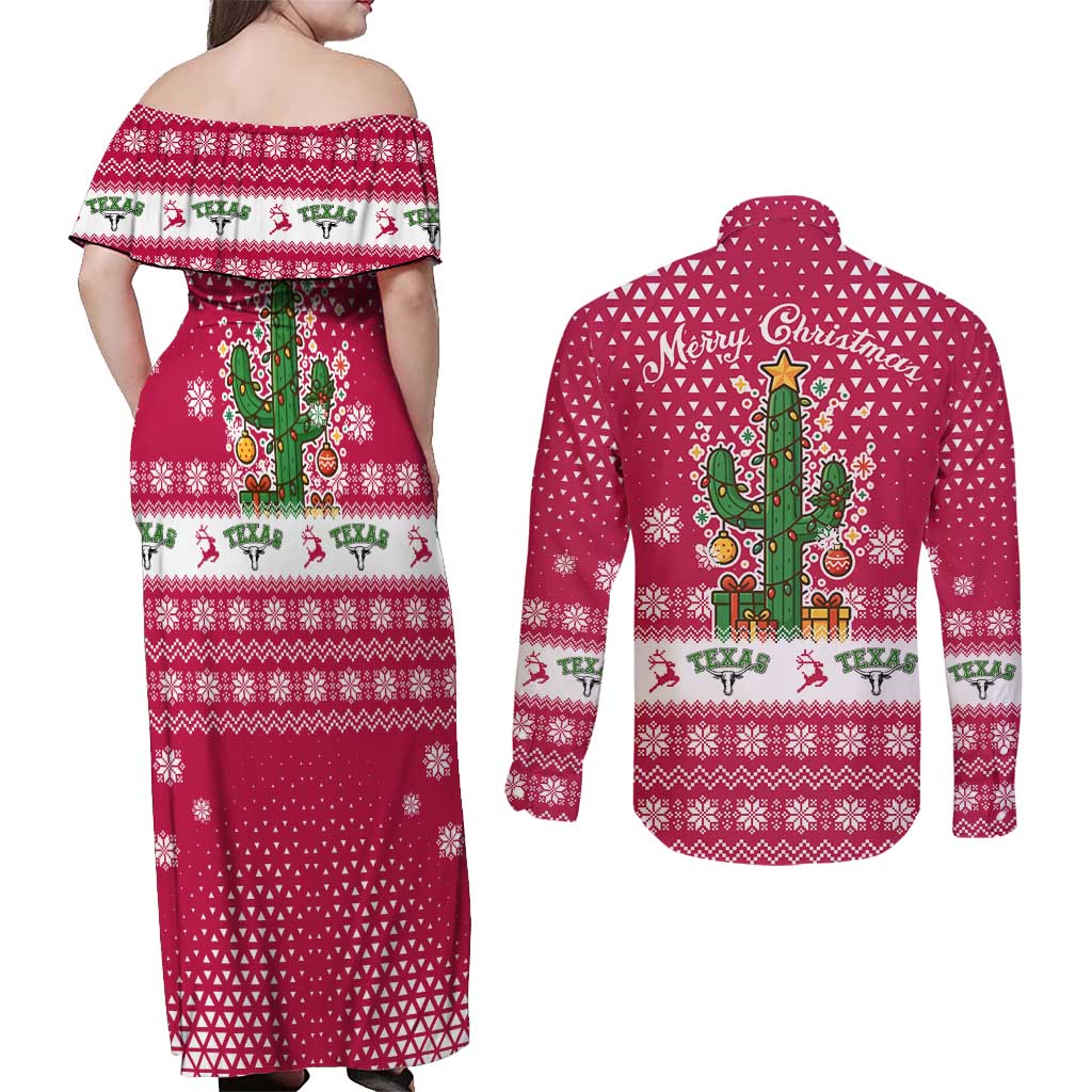 Texas Christmas Couples Matching Off Shoulder Maxi Dress and Long Sleeve Button Shirt with Red and White Snowflake Pattern Longhorn Skull and Christmas Cactus Motif - Wonder Print Shop