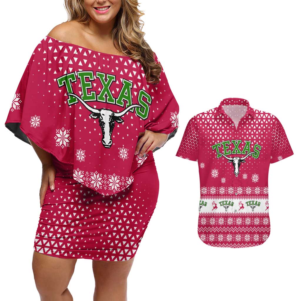 Texas Christmas Couples Matching Off Shoulder Short Dress and Hawaiian Shirt with Red and White Snowflake Pattern Longhorn Skull and Christmas Cactus Motif - Wonder Print Shop