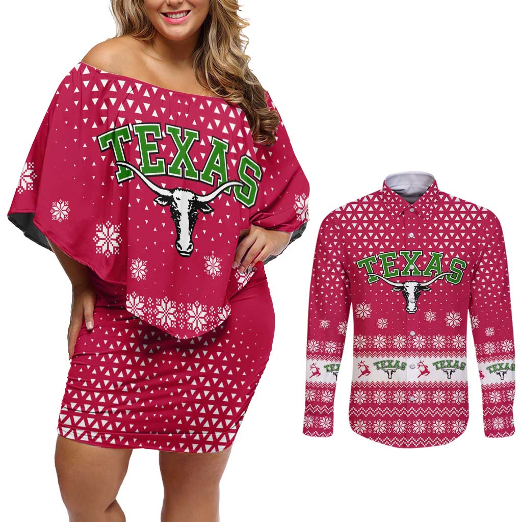 Texas Christmas Couples Matching Off Shoulder Short Dress and Long Sleeve Button Shirt with Red and White Snowflake Pattern Longhorn Skull and Christmas Cactus Motif - Wonder Print Shop